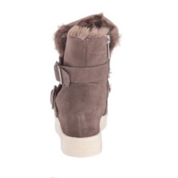 NWT J/SLIDES WELLS Taupe Suede Hidden Wedge Faux Fur Platform - Picture 4 of 16